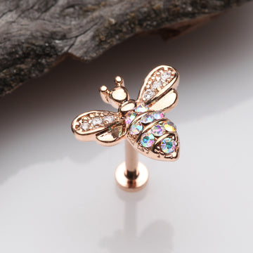 Detail View 1 of Rose Gold Glistening Honey Bee Sparkle Internally Threaded Labret-Clear Gem